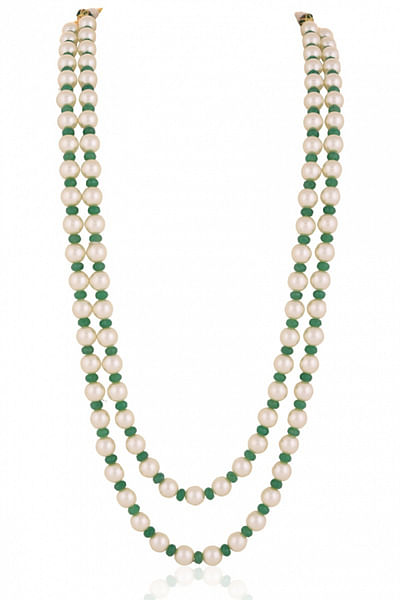 Green and white pearl beaded layered necklace