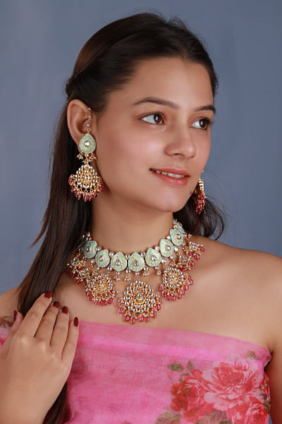 Blue meenakari and jadtar beaded necklace set