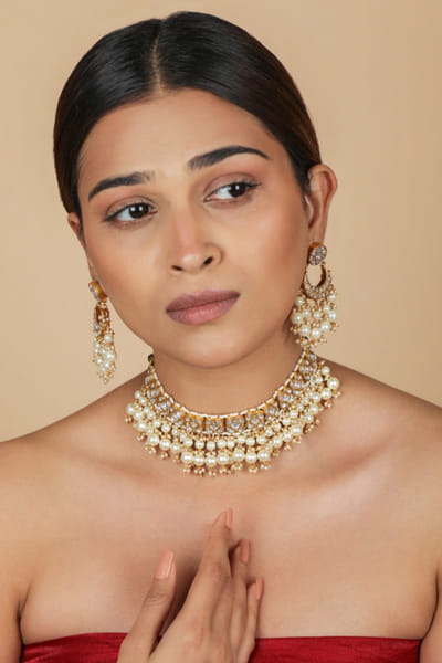Riana Jewellery White gold plated jadau choker set RIANAPR26D143312