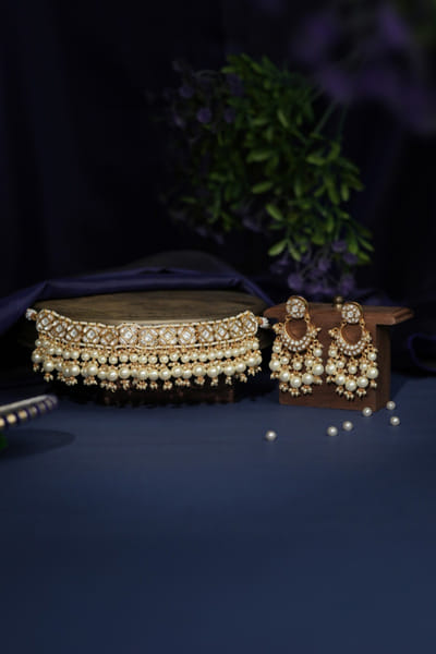 Riana Jewellery White gold plated jadau choker set RIANAPR26D143312