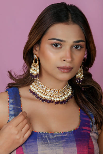 Riana Jewellery Purple beaded gold plated choker set RIANAPR26D143333