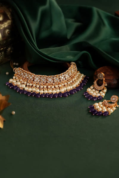 Riana Jewellery Purple beaded gold plated choker set RIANAPR26D143333
