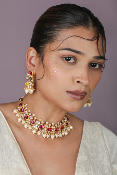 Riana Jewellery Pink pearl beaded choker set RIANAPR26D143320