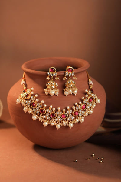 Riana Jewellery Pink pearl beaded choker set RIANAPR26D143320