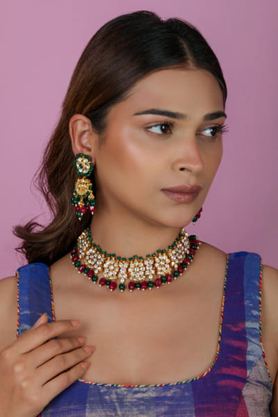 Riana Jewellery Pink pearl encrusted jadau choker set RIANAPR26D143311