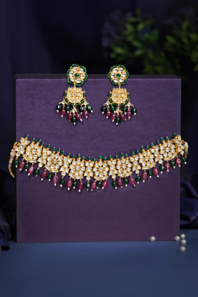 Riana Jewellery Pink pearl encrusted jadau choker set RIANAPR26D143311