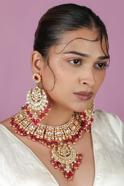 Riana Jewellery Pink bead encrusted gold plated choker set RIANAPR26D143314