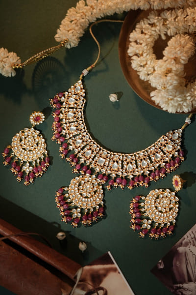 Riana Jewellery Pink bead encrusted gold plated choker set RIANAPR26D143314