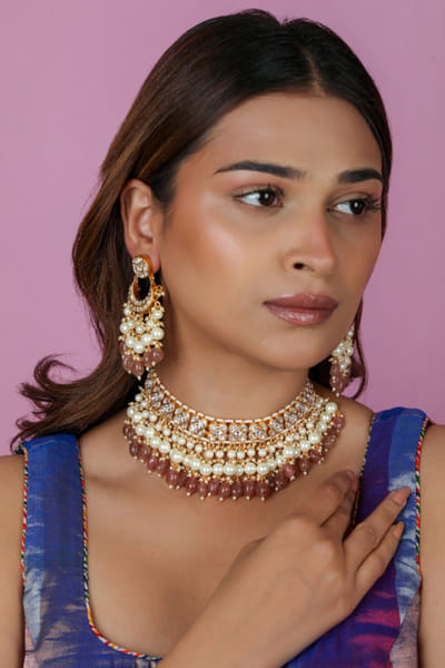 Riana Jewellery Patel pink pearl encrusted choker set RIANAPR26D143327