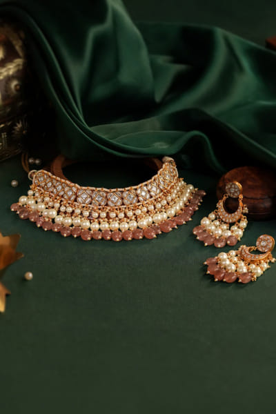 Riana Jewellery Patel pink pearl encrusted choker set RIANAPR26D143327