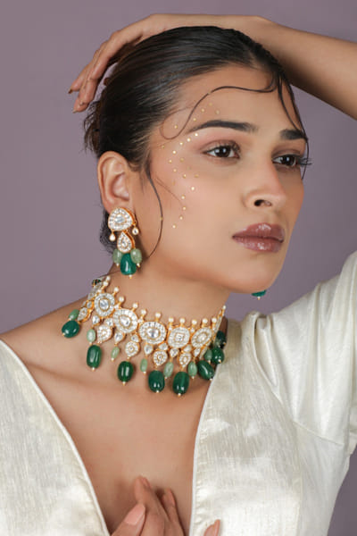 Riana Jewellery Green beaded gold plated choker set RIANAPR26D143322