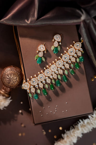 Riana Jewellery Green beaded gold plated choker set RIANAPR26D143322