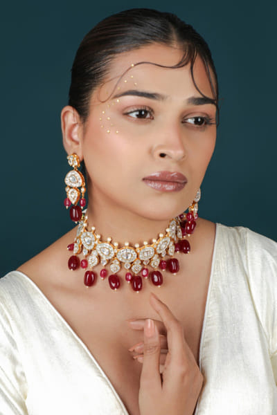 Riana Jewellery Pink beaded gold plated choker set RIANAPR26D143313