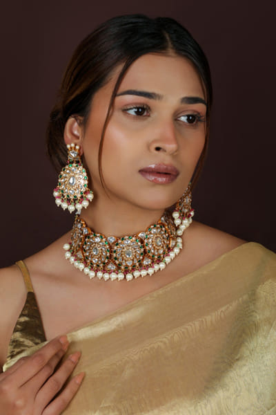 Riana Jewellery Green beaded jadau choker set RIANAPR26D143316