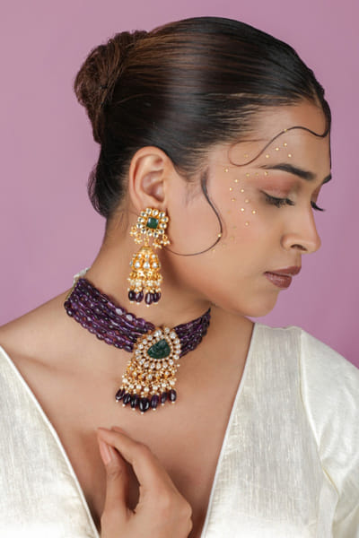 Riana Jewellery Purple beaded jadau choker set RIANAPR26D143317