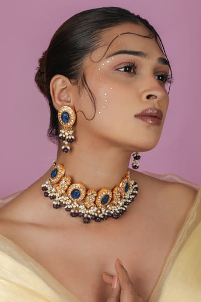 Riana Jewellery Blue stone encrusted choker set RIANAPR26D143334