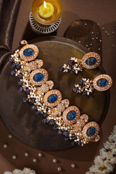 Riana Jewellery Blue stone encrusted choker set RIANAPR26D143334
