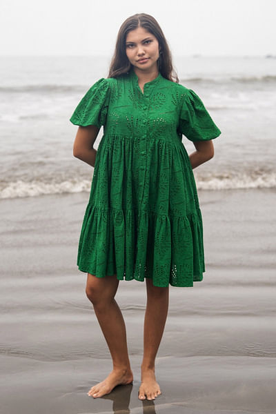 Chilli green hakoba embroidered dress