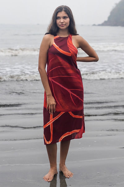 Red and maroon leaf printed dress