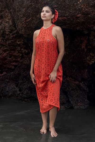 Orange floral hakoba embroidered dress