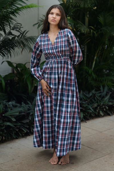 Blue and white Madras check dress