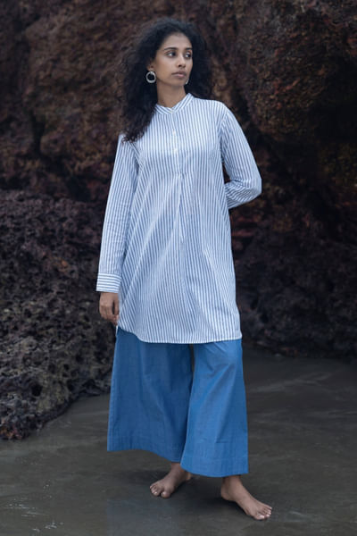 White and blue Madras stripe co-ord set
