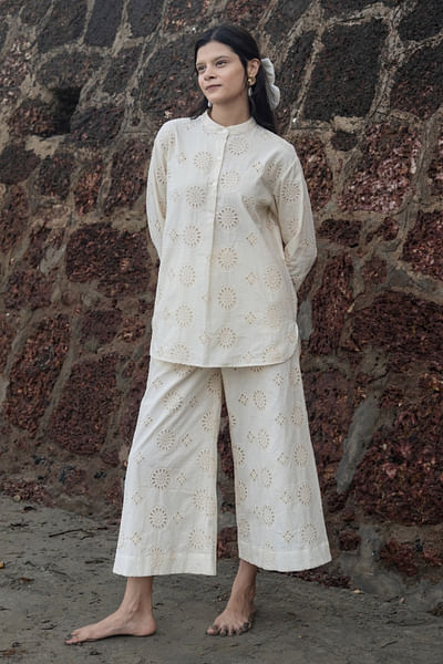 Creamy white hakoba embroidered shirt kurta