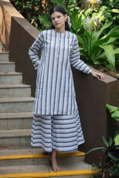 White and blue Madras striped co-ord set