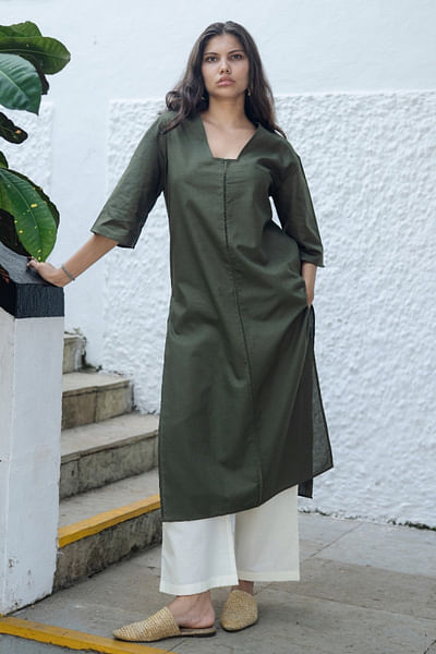 Military green fagotting kurta