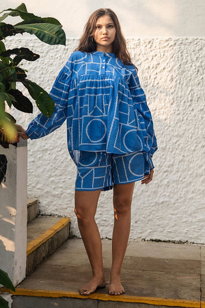 Blue and white geometric printed co-ord set