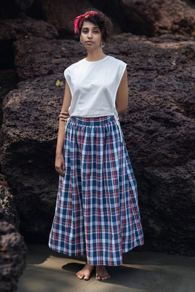 Blue and white Madras check wrap skirt set