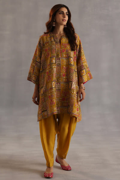Yellow embroidered short kurta and salwar set