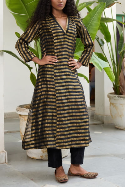 Black and gold woven striped kurta set