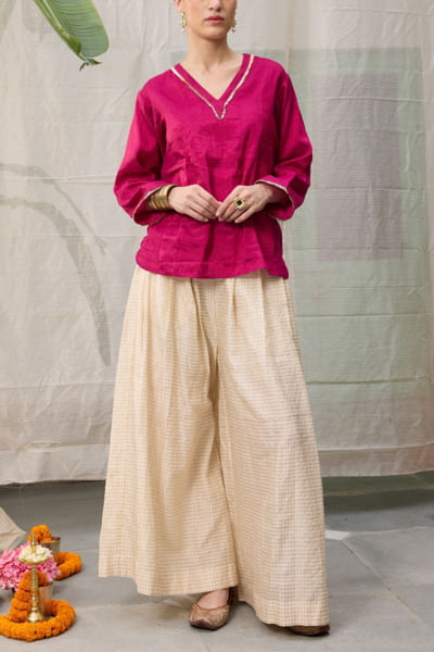 Pink & cream white woven kurta set
