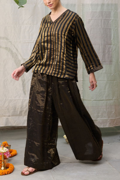 Black and gold woven striped chanderi kurta set