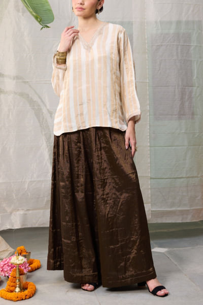 Cream white & metallic gold woven kurta set