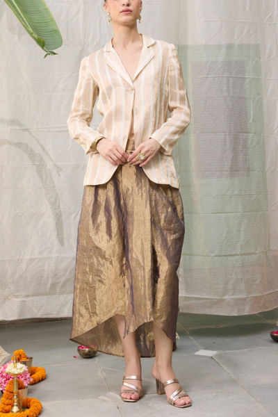 Cream white and metallic gold woven skirt set