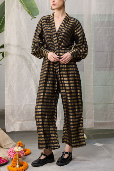 Black and gold woven chanderi jumpsuit