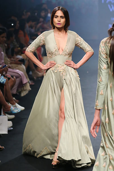 Hand-embroidered gown with front slit