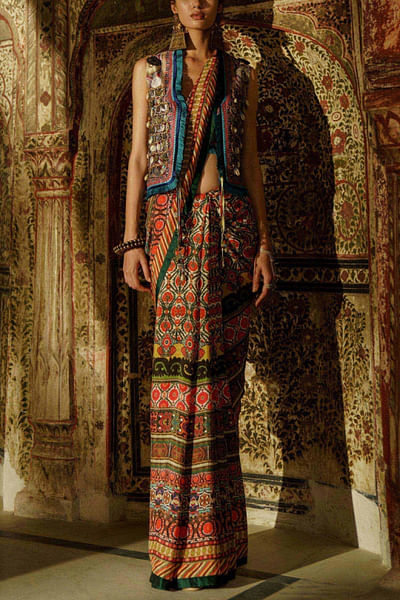 Printed silk sari and jacket set
