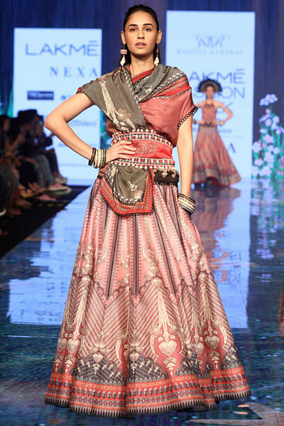 Printed lehenga skirt with off-shoulder blouse