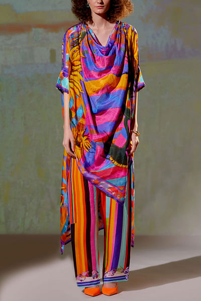 Multicolour cowl kaftan tunic set