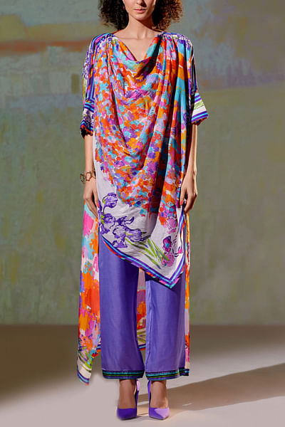 Multicolour draped kaftan tunic set