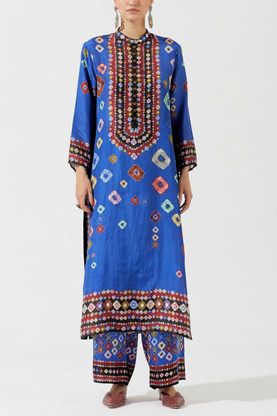 Blue printed band collar kurta