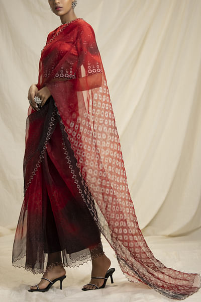 Red printed silk organza sari set
