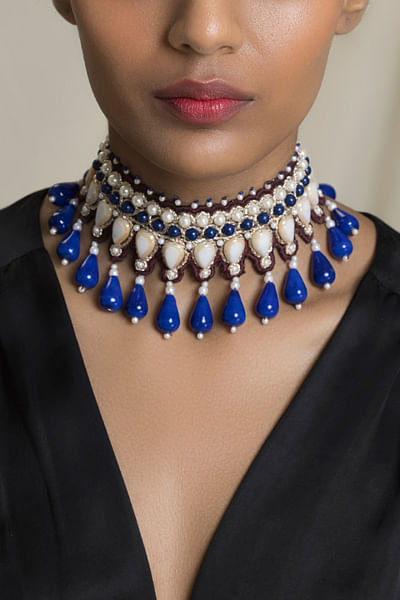 Blue and white embellished choker necklace