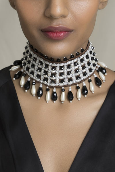 Black and white mesh beaded choker necklace