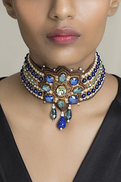 Sapphire blue bead embellished choker necklace