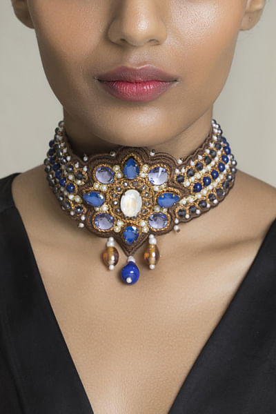 Turquoise blue embellished choker necklace