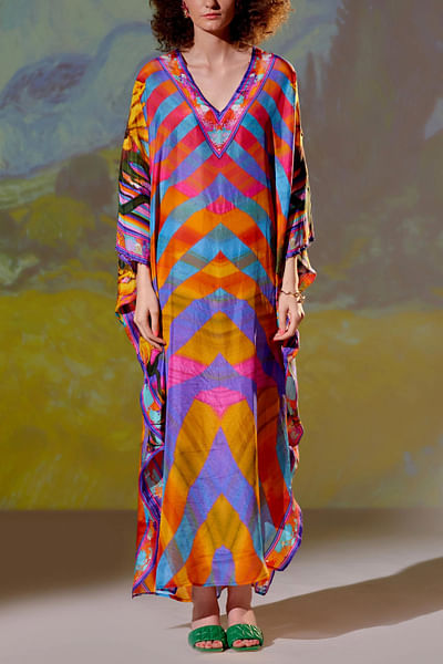Multicolour V neck silk kaftan
